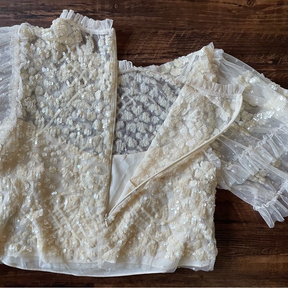NEEDLE & THREAD Aurelia Sequin Embellished Top Natural Cream Ruffle Sheer Blouse - Picture 13 of 15